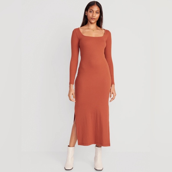 Old Navy Dresses & Skirts - Old Navy Orange Ribbed Square Neck Long Sleeves Midi Dress Size Small NWT